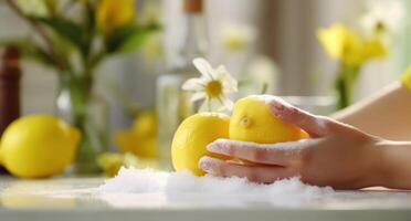 ai generato mani di donna pulizia spugna con sapone e limoni nel cucina foto