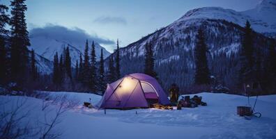 ai generato inverno campi. campeggio nel il tuo proprio tenda, foto