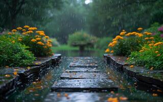ai generato pioggia nel lussureggiante giardino foto
