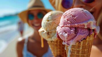 ai generato un' delizioso scena di persone godendo colorato scoop di ghiaccio crema su un' caldo giorno foto