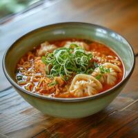 ai generato kimchi spaghetto la minestra con Ravioli nel un' leggero verde ciotola su un' di legno tavolo foto