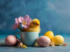 ai generato Pasqua pulcino nel tazza di tè su blu sfondo con Pasqua uova e primavera fiori. foto