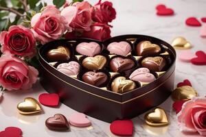 ai generato San Valentino giorno a forma di cuore regalo scatola di cioccolatini e rosso Rose. ai generato. foto