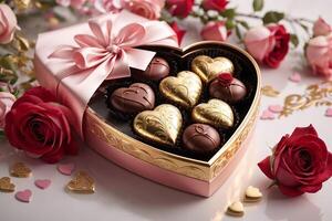 ai generato San Valentino giorno a forma di cuore regalo scatola di cioccolatini e rosso Rose. ai generato. foto