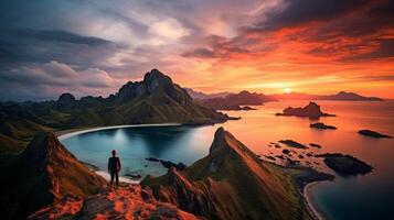 ai generato tramonto al di sopra di aspro costiero paesaggio foto