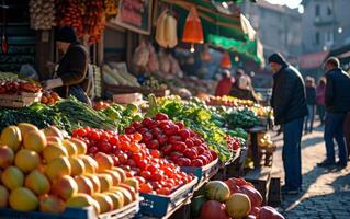 ai generato vivace agricoltori mercato bancarelle foto