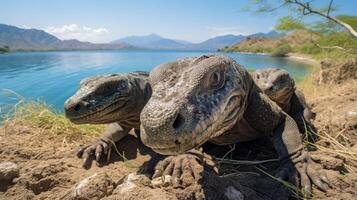 ai generato komodo draghi crogiolarsi nel loro naturale ambiente foto