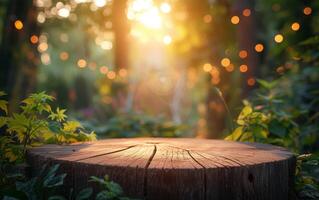 ai generato sereno foresta con albero ceppo ardente nel magico luce del sole foto