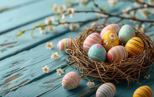 ai generato su blu Di legno, Pasqua uova trova comfort nel un' cannuccia nido foto