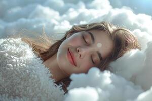 ai generato donna dormire tra soffice bianca nuvole foto