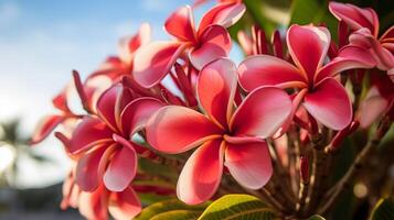 ai generato vivace rosa plumeria fiori nel luce del sole foto