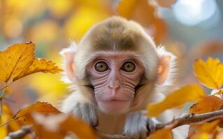 ai generato chiedendosi scimmia sbirciando attraverso autunno le foglie foto