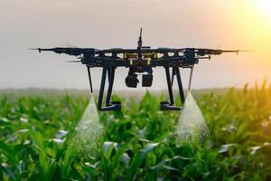 ai generato il agricolo fuco è volante e spruzzatura fertilizzante nel un' verde campo di mais. foto