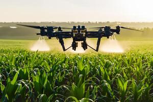 ai generato il agricolo fuco è volante e spruzzatura fertilizzante nel un' verde campo di mais. foto