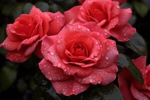 ai generato il bellezza di pioggia fioritura rosso Rose foto