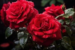 ai generato il bellezza di pioggia fioritura rosso Rose foto