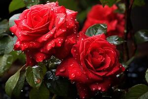 ai generato il bellezza di pioggia fioritura rosso Rose foto