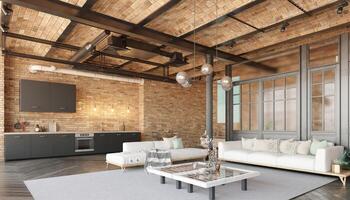 un' moderno soffitta vivente camera con un' divano, un' cucina foto