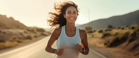 ai generato un' donna corre lungo un' nazione strada foto