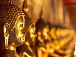 ai generato riga di Budda statue, superficiale profondità di campo foto