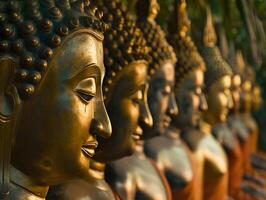 ai generato riga di Budda statue, superficiale profondità di campo foto
