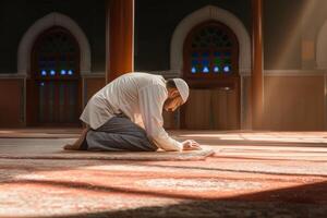ai generato silhouette di indonesiano musulmano uomo preghiere nel il moschea foto