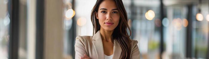 ai generato fiducioso capo, un' attività commerciale donna sta alto e in bilico, di fronte il telecamera con un' diretto sguardo e un' leggero Sorridi, generativo ai foto