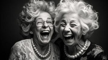 ai generato senza tempo risata - gioioso anziano donne insieme foto
