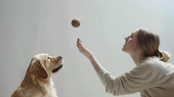 ai generato donna giocando con sua cane, come come lanciare un' palla o giocando tiro alla fune con un' giocattolo, contro un' pulito bianca sfondo, generativo ai foto