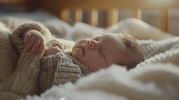 ai generato addormentato pacificamente, neonato bambino pacificamente addormentato nel un' accogliente coperta o fasciare, sfondo Immagine, generativo ai foto