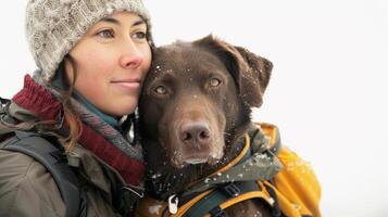 ai generato donna e sua cane pronto per un all'aperto avventura, con escursioni a piedi Ingranaggio o a piedi Accessori, contro un' bianca sfondo, generativo ai foto