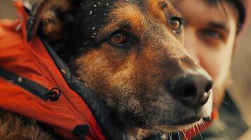 ai generato un' uomo e il suo cane pronto per un all'aperto avventura, con escursioni a piedi Ingranaggio o a piedi Accessori, generativo ai foto