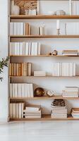 ai generato moderno minimalista scaffale contro un' bianca sfondo, ornato con un' curato selezione di libri e decorativo oggetti, generativo ai foto