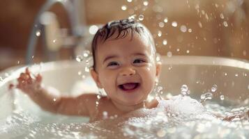 ai generato bagno tempo risatine, un' giocoso scena di un' neonato godendo un' caldo bagno, spruzzi dolcemente e sorridente brillantemente, generativo ai, sfondo Immagine foto