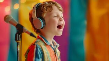 ai generato un' bianca poco ragazzo indossare cuffie mentre cantando nel davanti di microfono contro colorato pastello sfondo, sfondo Immagine, generativo ai foto