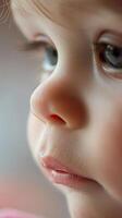 ai generato avvicinamento particolari, avvicinamento scatti di il neonato del bambino minuscolo caratteristiche, come come loro pulsante naso, minuscolo dita o roseo guance, sfondo Immagine, generativo ai foto