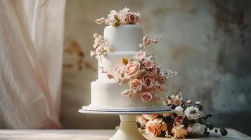 ai generato nozze torta, stanco nozze torta ornato con intricato decorazioni e fondente fiori, sfondo Immagine, generativo ai foto