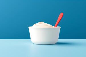 ai generato Yogurt con rosso cucchiaio, ghiaccio crema con cucchiaio nel vaso foto