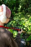 bellissimo giovane artista donna assunzione foto nel fiori giardino. giovane carino ragazza trasportare il telecamera nel il giardino