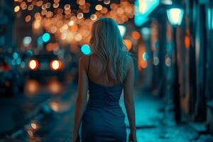 ai generato un attraente bionda nel un' blu vestito su un sera strada foto