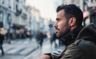 ai generato all'aperto ritratto nel profilo di un' moderno di mezza età uomo su il strada foto