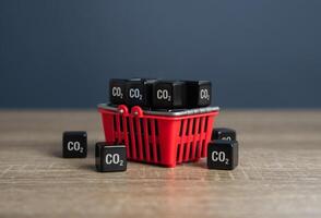 shopping cestino e cubo co2 gas. carbonio orma di Prodotto consumatori. industriale emissioni quote. limite il totale quantità di serra gas aziende può emettere, mirando per ridurre clima modificare. foto