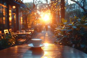 ai generato caffè tazza seduta su tavolo al di fuori nel il sera foto