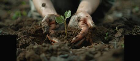 ai generato umano mani proteggere piantina nel suolo, Due mani hold un' piccolo giovane albero con alcuni suolo, terra giorno concetto, generativo ai foto