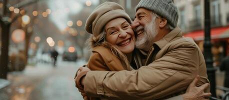 ai generato sorridente anziano europeo coppia abbracciare. ritratto di contento anziano uomo abbracciare lieta moglie nel beige cappotto e sorridente fuori, generativo ai foto