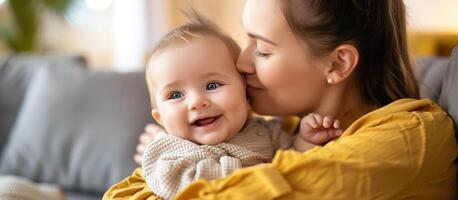 ai generato contento giovane madre baci adorabile infantile bambino a casa. madre baci poco bambino ragazzo a casa. generativo ai foto