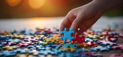 ai generato mani di persone Tenere un' colorato puzzle quello è progettato per autismo foto