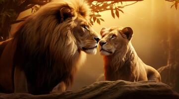 ai generato Due leoni guardare inoltrare per un' relazione foto