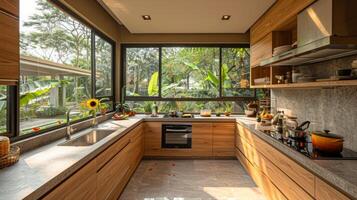 ai generato spazioso cucina con abbondante contatore spazio e finestre foto