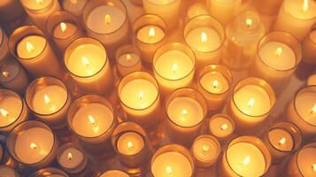 ai generato alto superiore Visualizza su ardente candele nel bicchiere barattoli. caldo lume di candela veglia, memoriale, spirituale, mistico atmosfera foto
